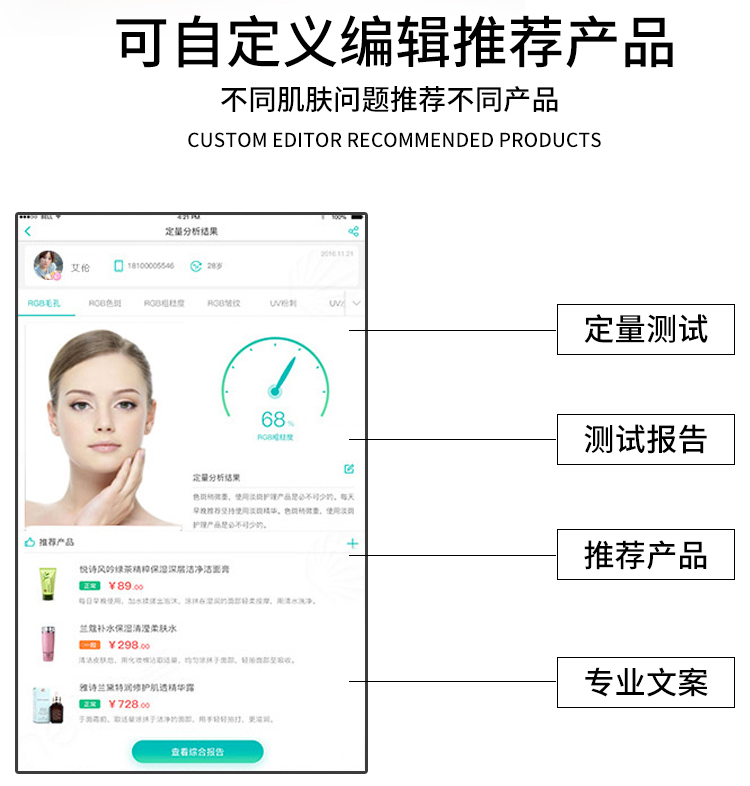 智能面部拍照儀針對不同的肌膚問題可自定義推薦不同的產品